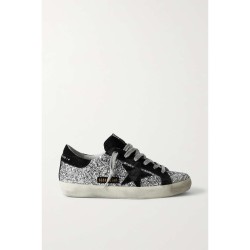 Superstar distressed glittered leather and suede sneakers