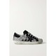 Superstar distressed glittered leather and suede sneakers