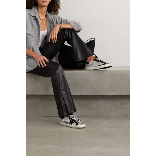 Superstar distressed glittered leather and suede sneakers