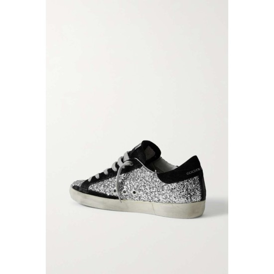 Superstar distressed glittered leather and suede sneakers