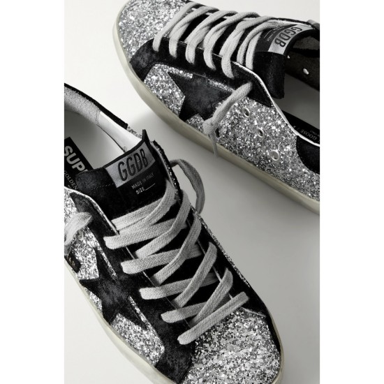 Superstar distressed glittered leather and suede sneakers
