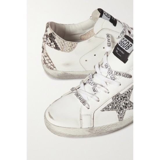 Superstar distressed glittered and python-effect leather sneakers