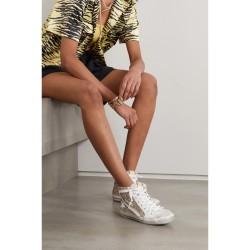 Slide distressed glittered leather high-top sneakers