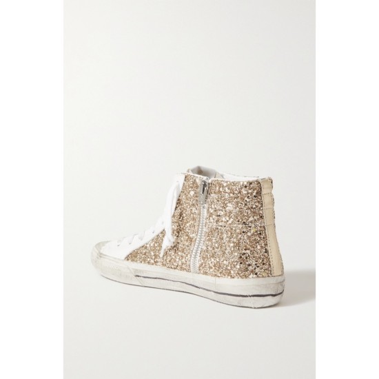 Slide distressed glittered leather high-top sneakers