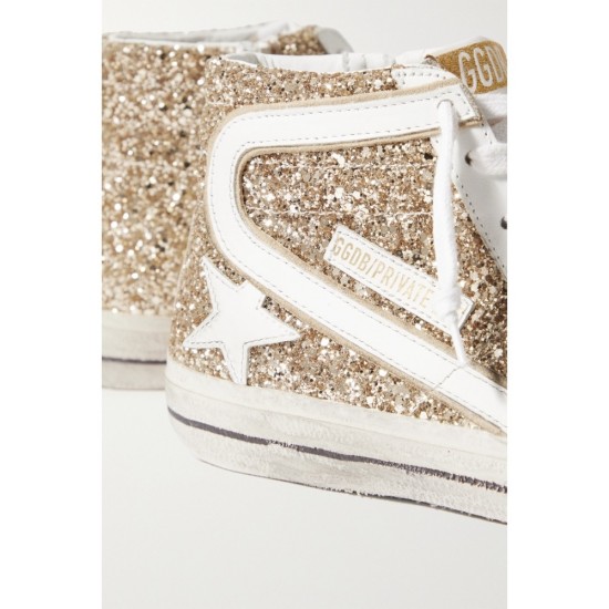 Slide distressed glittered leather high-top sneakers