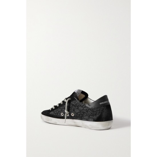 Superstar distressed suede, leather and glittered lace sneakers