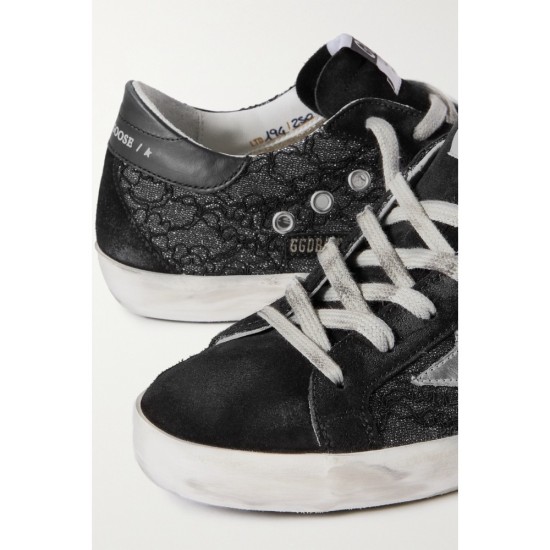 Superstar distressed suede, leather and glittered lace sneakers