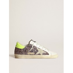 Super-Star sneakers in gray and pink glitter with ice-gray suede star and fluorescent yellow leather heel tab