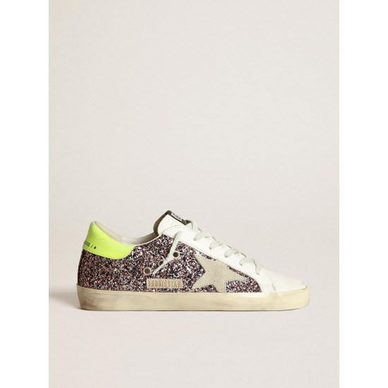 Super-Star sneakers in gray and pink glitter with ice-gray suede star and fluorescent yellow leather heel tab
