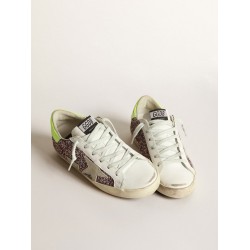 Super-Star sneakers in gray and pink glitter with ice-gray suede star and fluorescent yellow leather heel tab