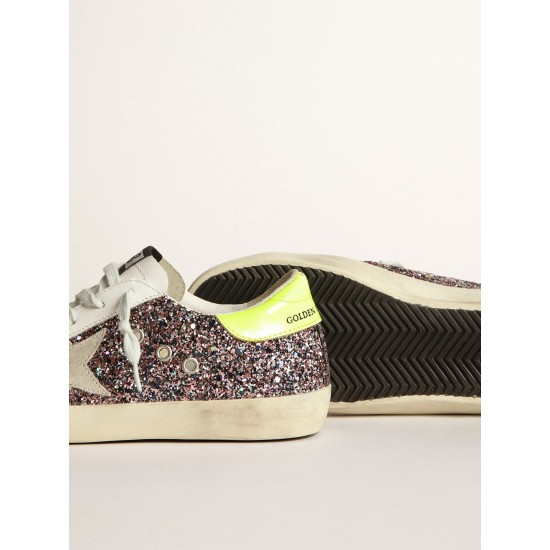 Super-Star sneakers in gray and pink glitter with ice-gray suede star and fluorescent yellow leather heel tab