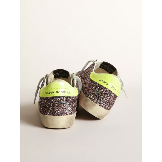 Super-Star sneakers in gray and pink glitter with ice-gray suede star and fluorescent yellow leather heel tab