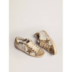 Super-Star sneakers in white leather with dove-gray suede inserts and all-over black lettering