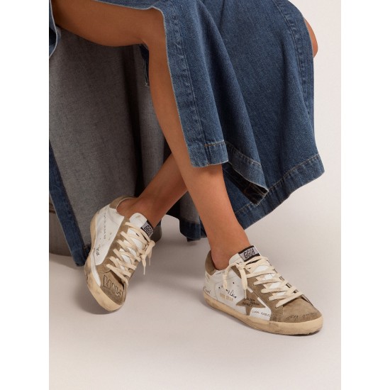 Super-Star sneakers in white leather with dove-gray suede inserts and all-over black lettering