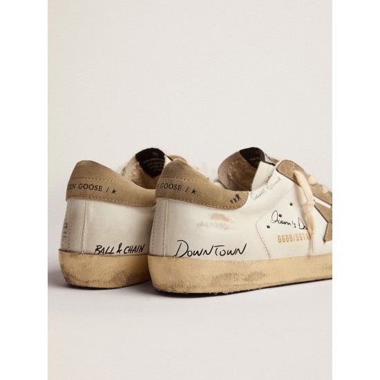 Super-Star sneakers in white leather with dove-gray suede inserts and all-over black lettering