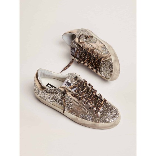 Super-Star sneakers in platinum-colored glitter with star and heel tab in tone-on-tone laminated leather