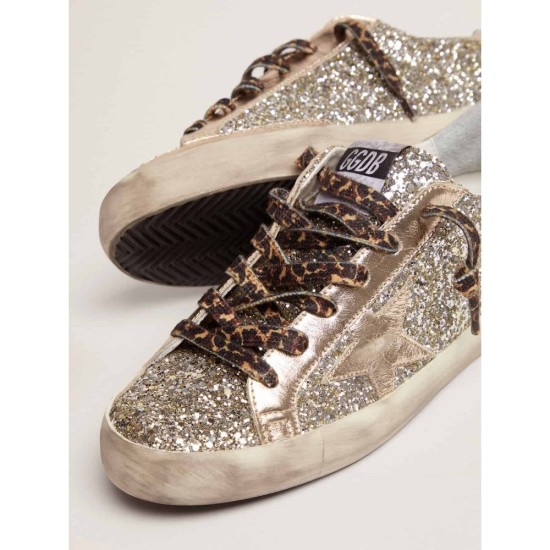 Super-Star sneakers in platinum-colored glitter with star and heel tab in tone-on-tone laminated leather