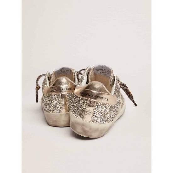 Super-Star sneakers in platinum-colored glitter with star and heel tab in tone-on-tone laminated leather