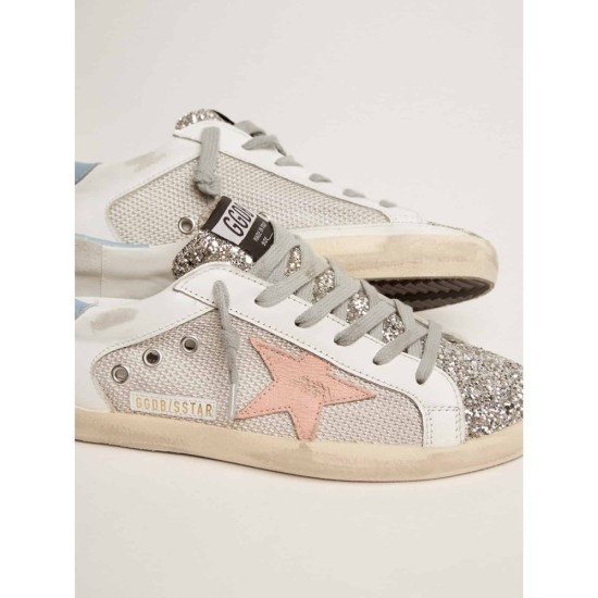 Super-Star LTD sneakers in white leather with mesh insert and silver glitter tongue