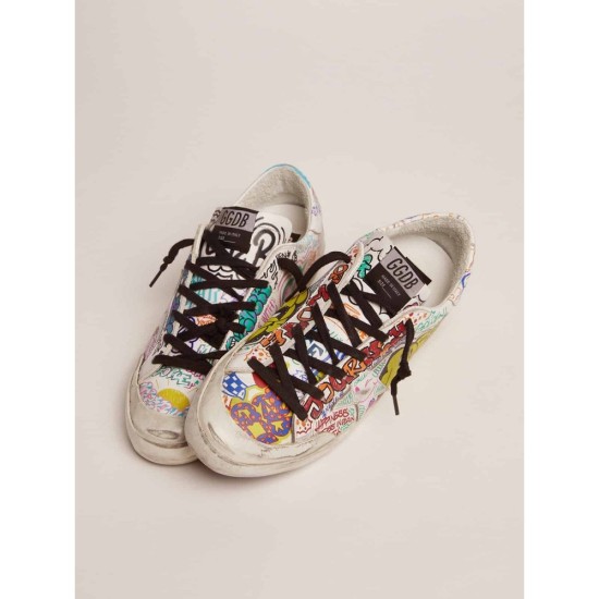 Super-Star sneakers in white leather with multicolored graffiti print