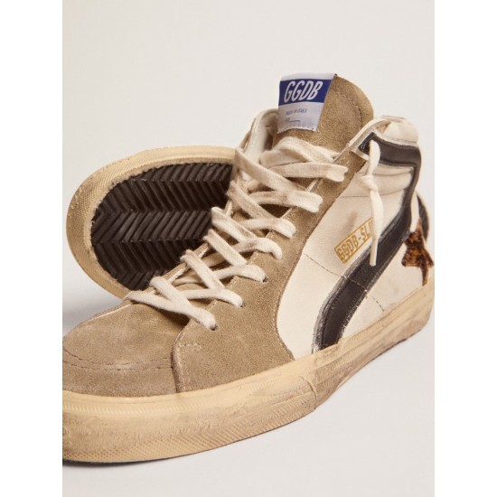 Men's Slide with leopard print pony skin star and black flash