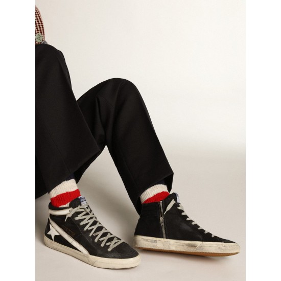 Men's Slide in navy blue denim with star and white flash