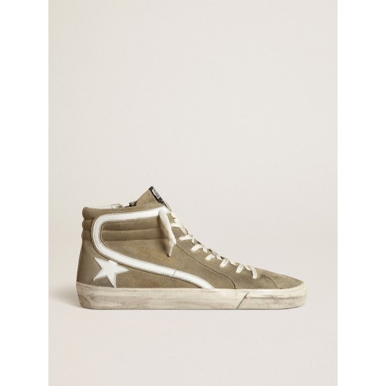 Men's Slide in military green suede with star and white flash