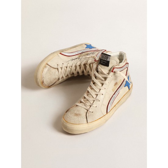 Slide LTD in ecru with bright blue star and silver leather flash