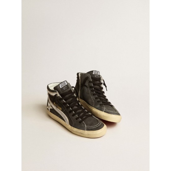 Slide in black suede with silver metallic leather star and flash