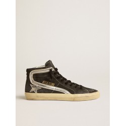 Slide in black suede with silver metallic leather star and flash