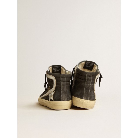 Slide in black suede with silver metallic leather star and flash