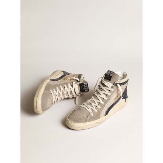 Slide in beige mesh and nylon with blue leather star and flash