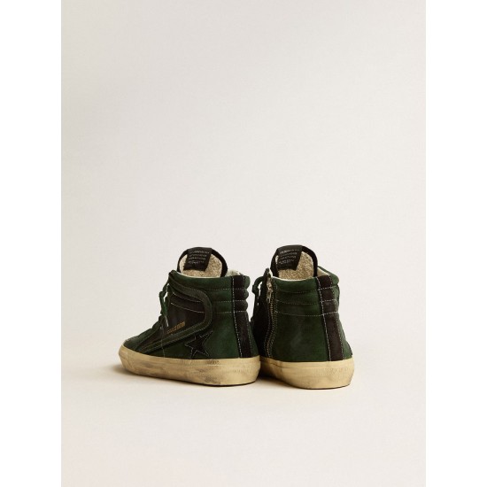 Slide LTD in green suede and black canvas with suede star and flash