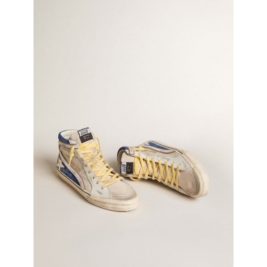 Slide in pearl canvas and blue suede with white leather star and flash