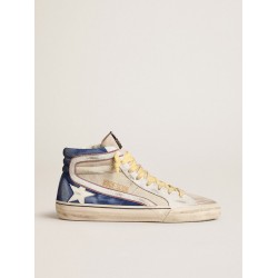 Slide in pearl canvas and blue suede with white leather star and flash