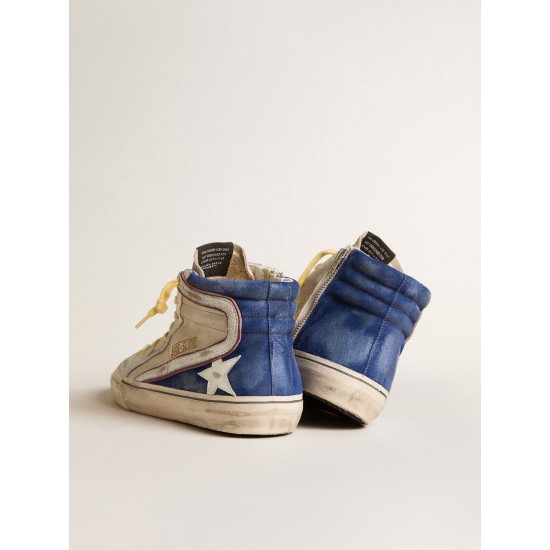 Slide in pearl canvas and blue suede with white leather star and flash