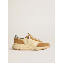 Men's Running Sole in ivory nylon and tobacco suede