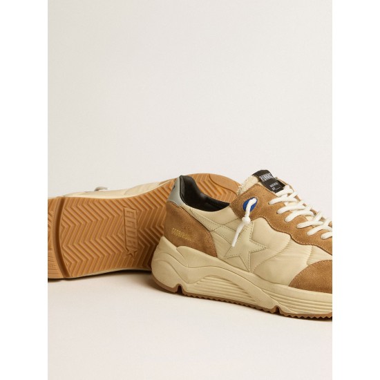 Men's Running Sole in ivory nylon and tobacco suede