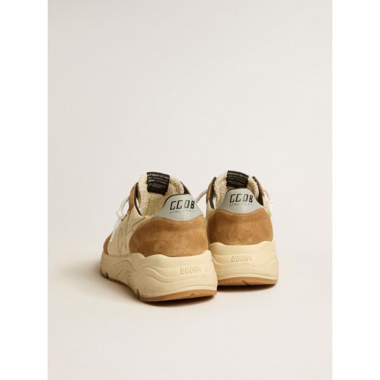 Men's Running Sole in ivory nylon and tobacco suede