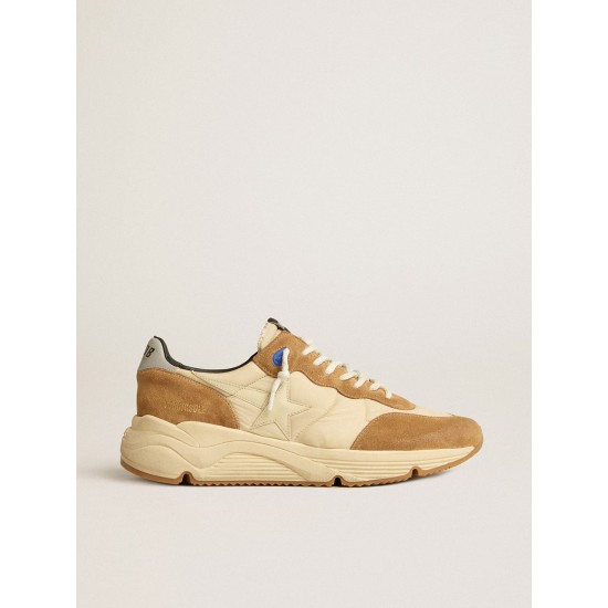 Men's Running Sole in ivory nylon and tobacco suede