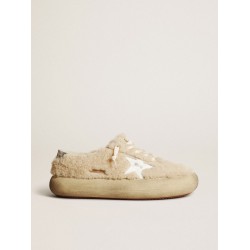 Men’s Space-Star shoes in beige shearling with white leather star and metallic leather heel tab