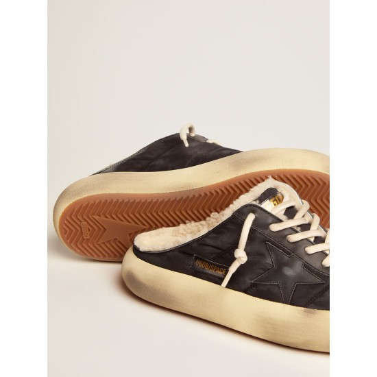 Men's Space-Star Sabot shoes in quilted black nylon with shearling lining