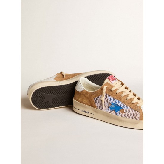 Stardan LTD in tobacco suede and mesh with blue star and leather heel tab