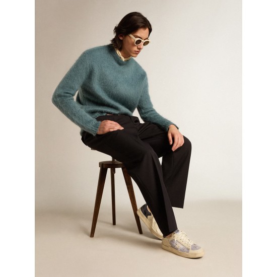 Stardan in white leather and mesh with blue metallic heel tab