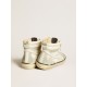 Slide LAB in aged-white nappa leather with gray suede star and white leather flash