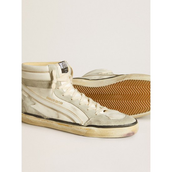 Slide LAB in aged-white nappa leather with gray suede star and white leather flash