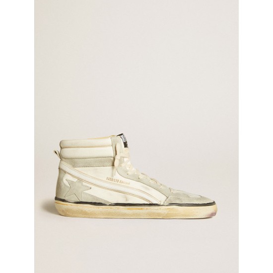 Slide LAB in aged-white nappa leather with gray suede star and white leather flash