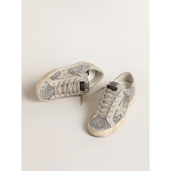 Women's Super-Star in silver glitter with ice-gray suede star