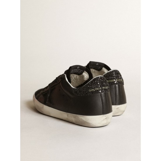 Women's Super-Star in black nappa with black star and glitter heel tab