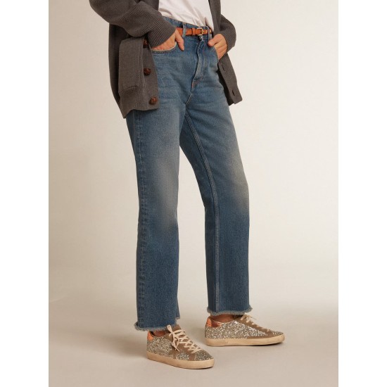 Women's Super-Star in platinum glitter with dove-gray suede star